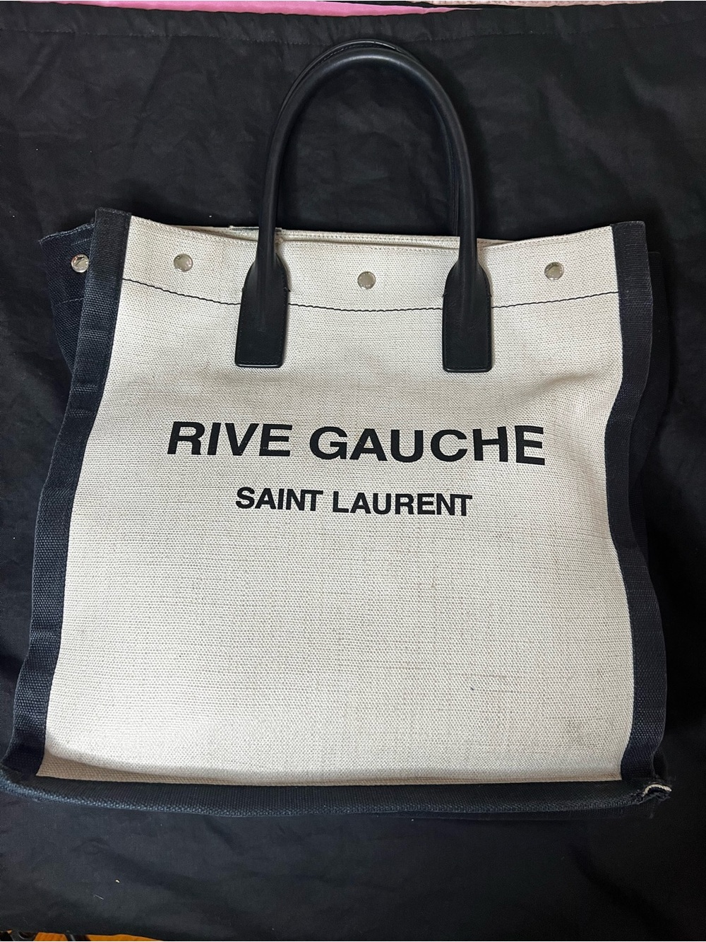 Saint Laurent Rive Gauche North/South Canvas Messenger Tote in Cream and Black - Picture 4 of 17